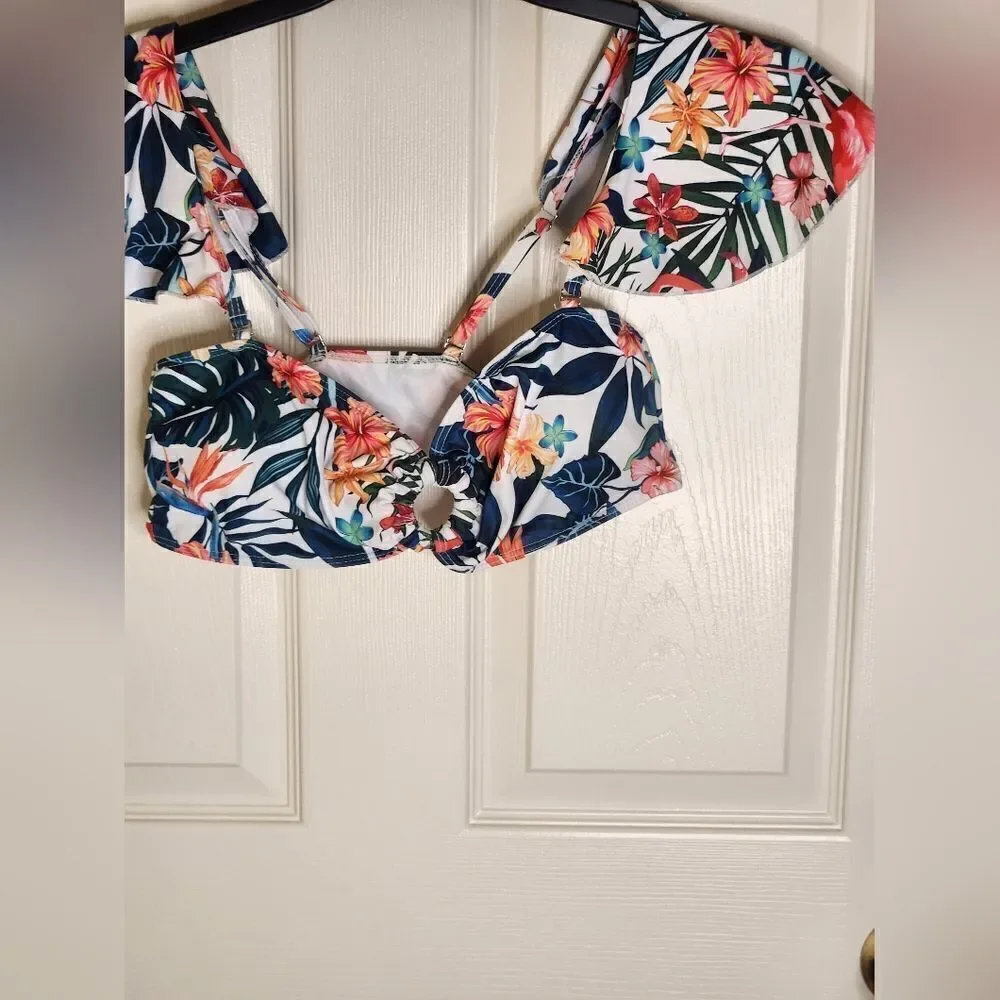 Shein L White Floral Print Top Women's Bikini  Swimsuit